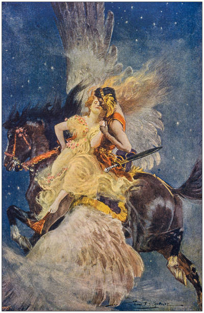 stockillustraties, clipart, cartoons en iconen met antieke illustratie: de fabel van de fantasie - gekke paarden
