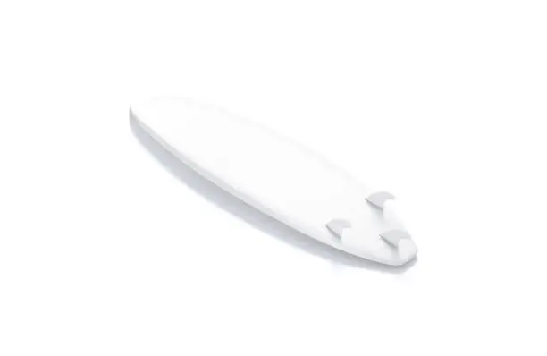 Blank white wood surfboarf with fins mockup, side view, 3d rendering. Empty longboard for surfing on hawaii coast mock up, isolated. Clear surf plank for ocean or sea wave mokcup template.