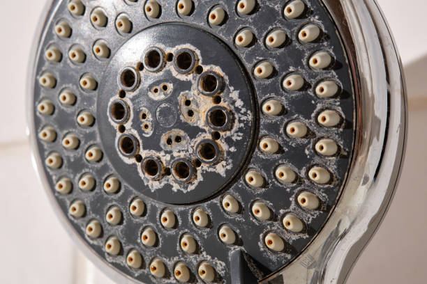 istock Close-up of an old used shower head with lime scale 1203781314