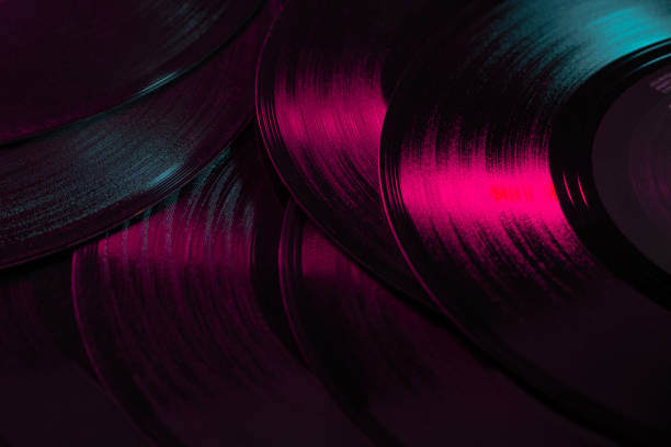 vinyl records music background, texture, 80's, vintage, retro, acoustic, eighties, disco, gradient colours, close-up, party - old record imagens e fotografias de stock