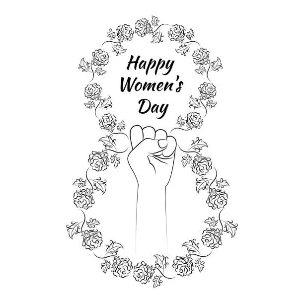 Vector illustration of The symbol of feminism raised his fist. Number eight made from flowers. Happy Women's Day. Black line drawing. March 8. Logo. Power woman. Isolated white background. Stock vector illustration. Roses.