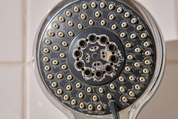 istock Close-up of an old used shower head with lime scale 1203781643