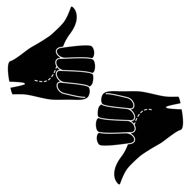 Vector illustration of Set Hand fist in glove with raised and lowered thumb. Vector silhouette illustration.