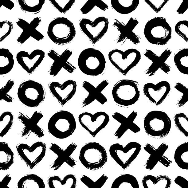 XOXO seamless pattern. Vector Abstract background with ink brush strokes. Monochrome hand drawn print. Grunge texture XOXO seamless pattern. Vector Abstract background with ink brush strokes. Monochrome Scandinavian hand drawn print. Grunge texture with simbols of zero, cross and heart. black and white heart stock illustrations