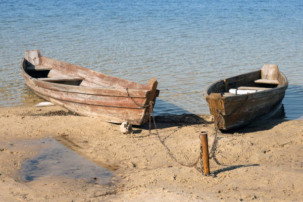 Old wooden boats moored on the lake shore.