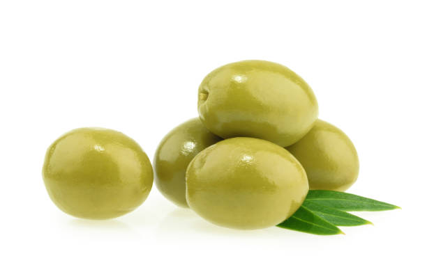 istock Green olives isolated on white background 1203789966