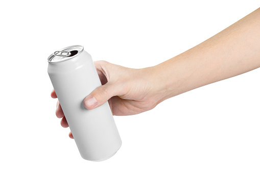 Hand holding white aluminium can, isolated on white background
