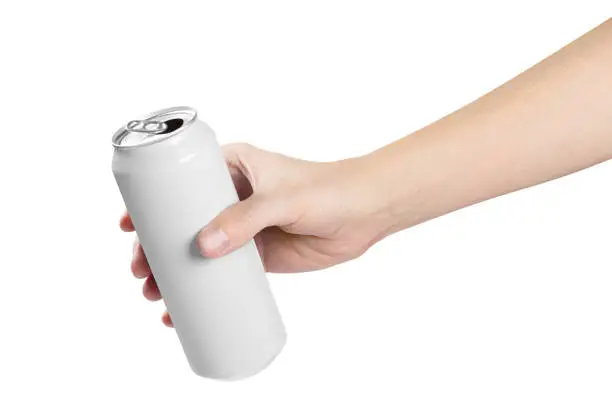 Photo of Hand holding white aluminium can on white