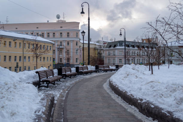 istock Snow in Winter in a Parc with Benches and Trees 1203791382