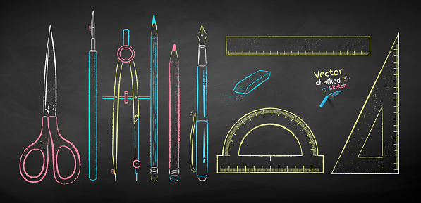 Vector color chalk drawn illustration collection of drafting tools on chalkboard background.