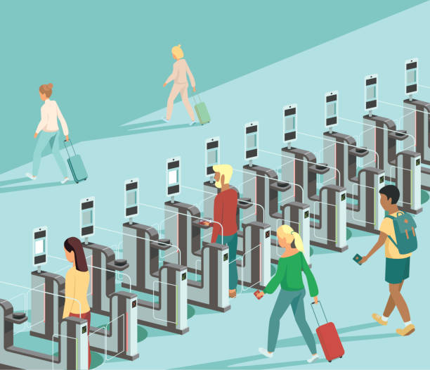 Air travellers pass through automated passport border control gates Air travellers pass through automated passport border control gates flat vector illustration airport borders stock illustrations