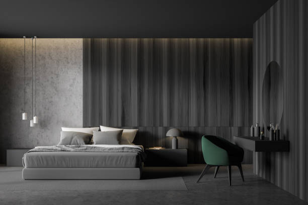 istock Concrete and dark wood bedroom with makeup table 1203797071