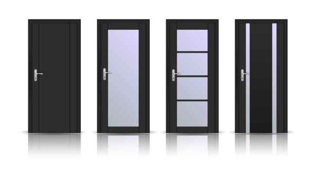 istock Brown wooden door with glass elements. Interior doors 1203798392