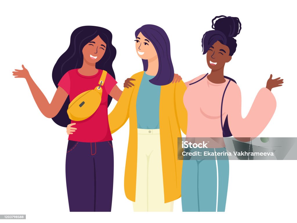 Fashionable Friends Of Different Races Communicate Together Vector  Characters In Cartoon Flat Style Best Friends Stock Illustration - Download  Image Now - iStock