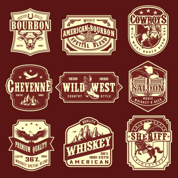 Vintage wild west monochrome emblems set Vintage wild west monochrome emblems set with premium quality whisky american bourbon rodeo show sheriff cowboy saloon labels and badges on dark red background isolated vector illustration saloon logo stock illustrations