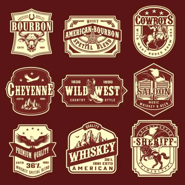 Vector illustration of Vintage wild west monochrome emblems set