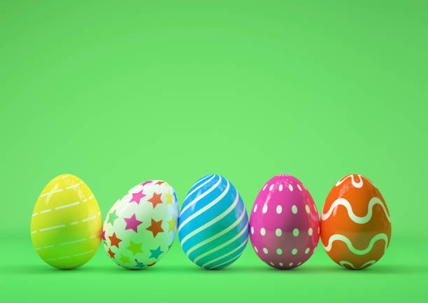 istock 3D render illustration of a row of funny Easter eggs decorated with different colors and designs 1203799541