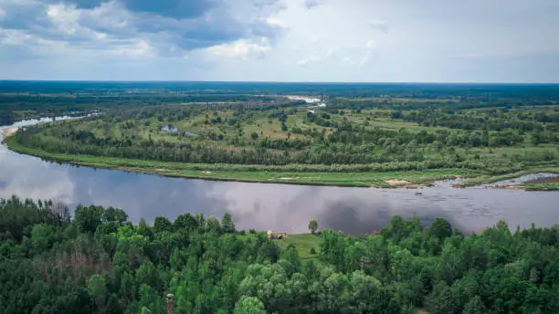 Photo of Aerial view Pripyat river in the resettlement zone in the Polessky Radiological Reserve. Ecological problem concept.