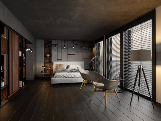 modern bedroom in the evening - hotel suite imagens e fotografias de stock
