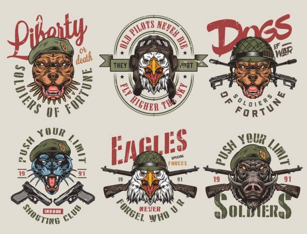 bildbanksillustrationer, clip art samt tecknat material och ikoner med färgglada armén och djur vintage etiketter - kula ammunition illustrationer