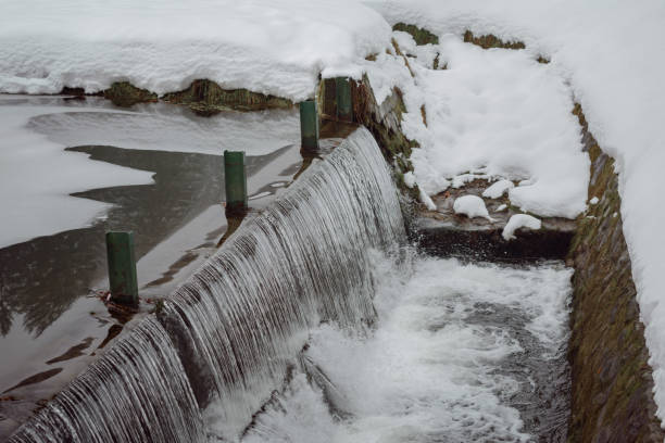 Snow and waterfall flowing from the lake