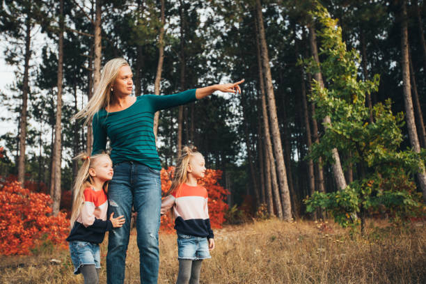 blonde mother and her twin daughters are walking in the autumn forest among red trees. - preschooler autumn beautiful blond hair imagens e fotografias de stock