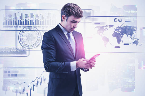 istock Man with phone in city, infographic interface 1203801325
