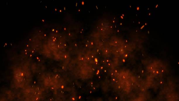 brennendes feuerses feuer funkt auf dunklem hintergrund. 3d-illustration - moving up flash stock-fotos und bilder