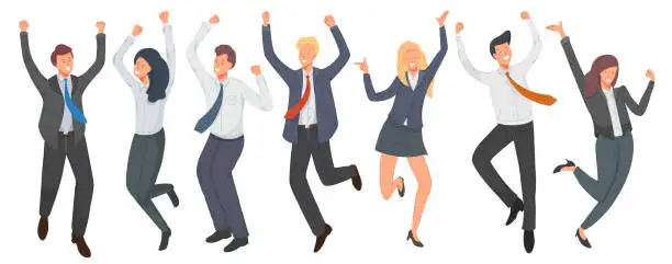 Vector illustration of Happy group of office worker jumping vector illustration. Cheerful employees celebrating victory.