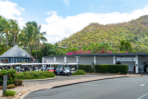 Airport terminal exterior, Hamilton Island is the only island on the Great Barrier Reef with its own airport. Queensland, Australia.