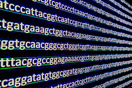 Abstract background, genetic code. Sequence of nucleotide bases in a DNA fragment.