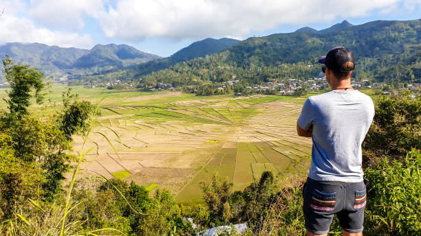 ruteng - un uomo che ammira le risaie della ragnatela dall'alto - flores man foto e immagini stock