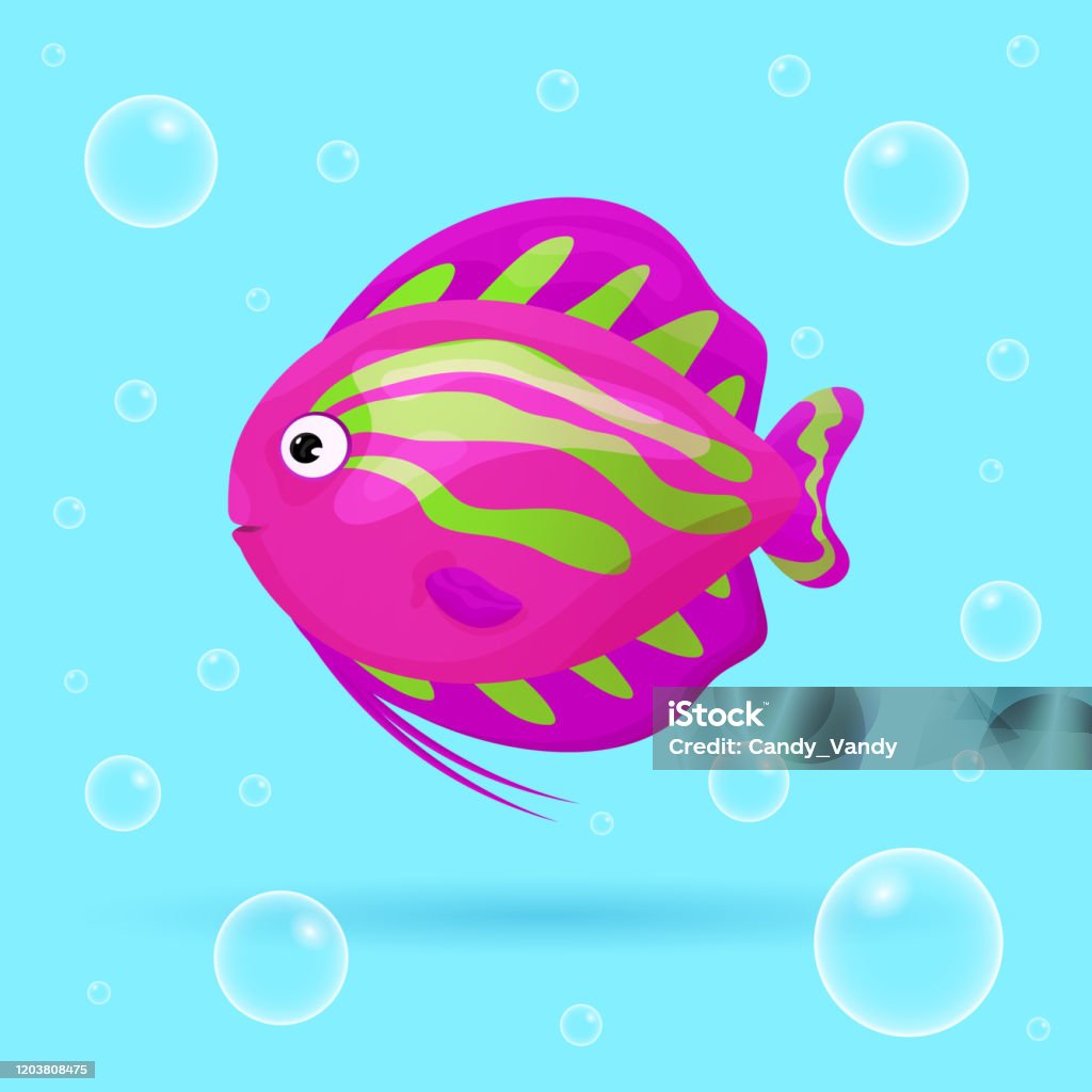 Leuke tropische vissen op blauwe achtergrond met bellen. Felgekleurde oceaanvis. Onderwater zee-wild leven. Vectorillustratie. - Royalty-free Beeldtype vectorkunst Leuke tropische vissen op blauwe achtergrond met bellen. Felgekleurde oceaanvis. Onderwater zee-wild leven. Vectorillustratie. - Royalty-free Beeldtype vectorkunst