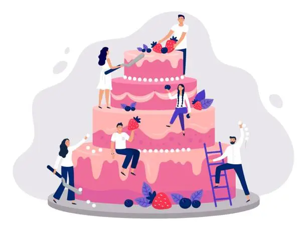Vector illustration of Wedding cake. Bakers decorate pink wedding cake, people cooking together and sweet dessert with berries vector illustration
