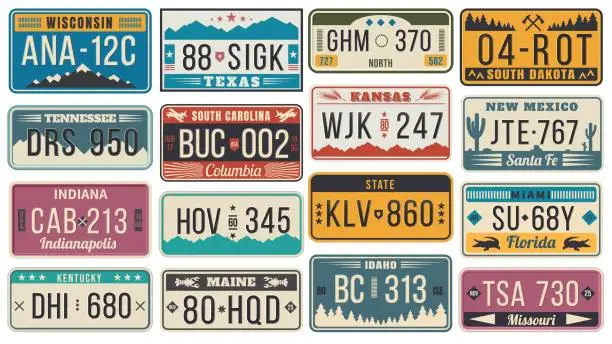 Vector illustration of Abstract USA states license plates. Colorful retro car license, number plate templates vector set