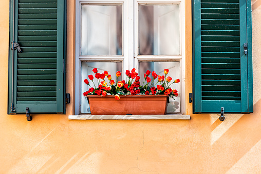 Closeup of window shutters and red orange flower basket box decorations on sunny summer day architecture in Perugia, Italy
