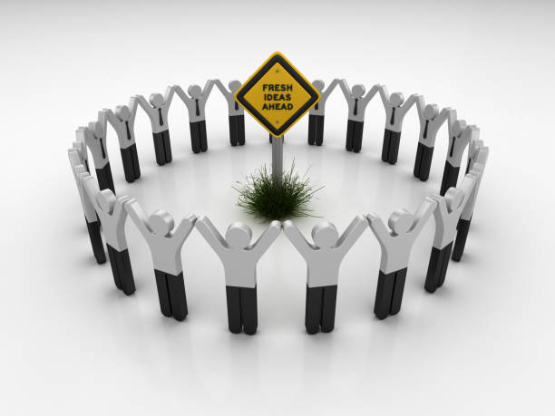 istock FRESH IDEAS AHEAD Road Sign Pictogram Teamwork People - 3D Rendering 1203809994