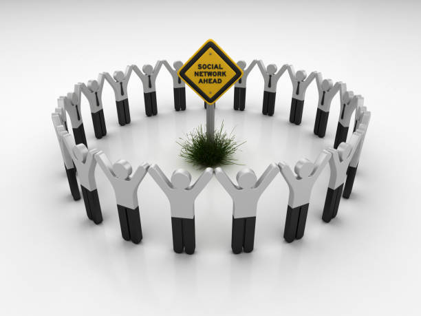 SOCIAL NETWORK AHEAD Road Sign with Pictogram Teamwork People - 3D Rendering