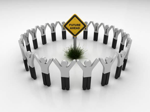 istock FUTURE AHEAD Road Sign with Pictogram Teamwork People - 3D Rendering 1203810214