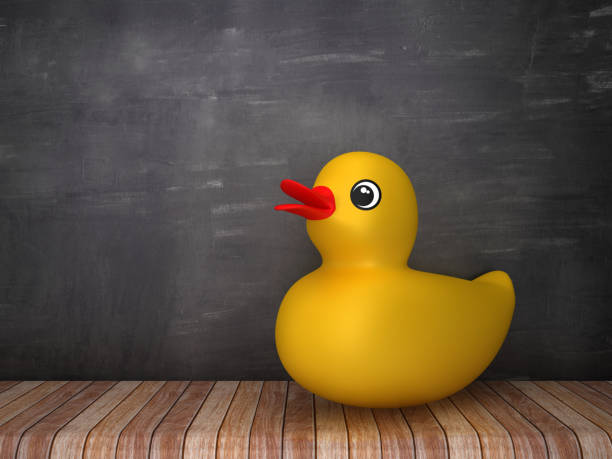 Rubber Duck on Wood Floor - Chalkboard Background - 3D Rendering