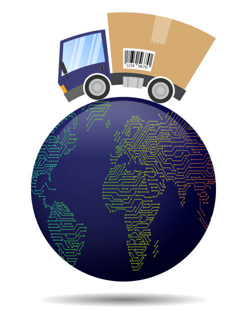 Delivery truck with cardboard box, international trade Delivery truck with cardboard box, international trade, printed circuit map of World, globe ball mapa stock illustrations