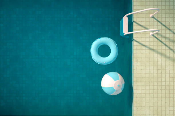 3d rendering of swimming pool. Summer Concept. Travel destinations. Aerial view. Inflatable Ring and Beach Ball.