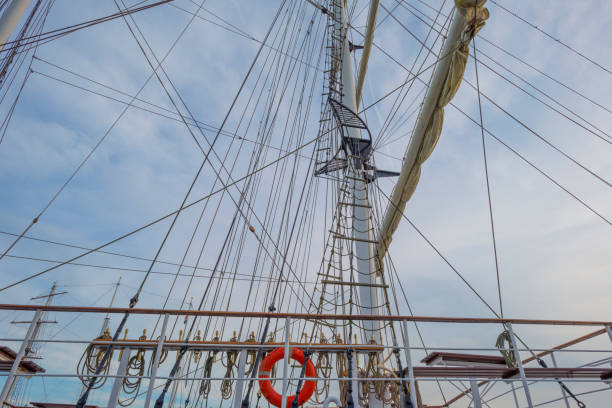 istock Rigging of a tall ship below a blue cloudy sky in sunlight in winter 1203813629