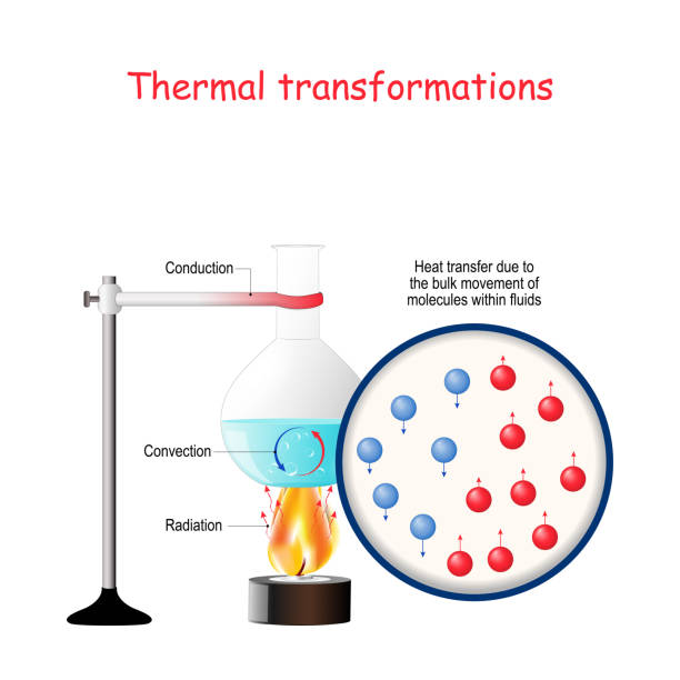 Thermal transformations. Forms of Energy, Transformations of Energy. Thermal transformations. Forms of Energy, Transformations of Energy. Laboratory work. Process of moving hot and cold water when heated. Transmission of energy in liquids. convection, conduction, and radiation with example of Laboratory flask on gas fire. Vector diagram for basic physics, science, education. heat transfer fluid stock illustrations