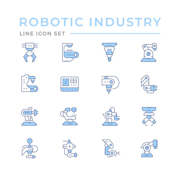 ustawianie ikon linii kolorów w przemyśle robotycznym - frezowanie obróbka skrawaniem stock illustrations
