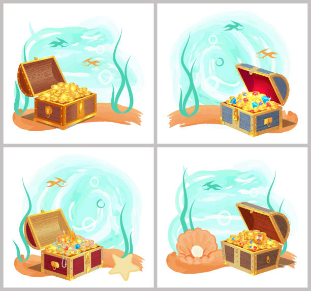 istock Mermaids Treasures in Chest at Bottom of Sea Set 1203817382