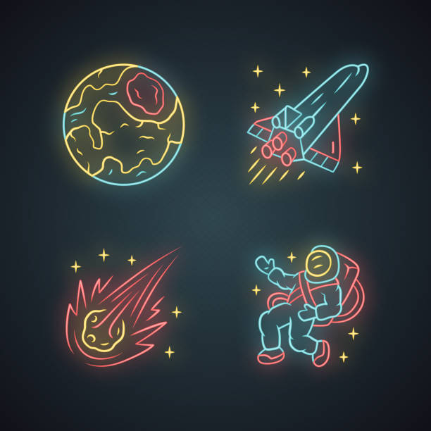 ilustrações de stock, clip art, desenhos animados e ícones de astronomy neon light icons set. space exploration. earth, spaceship, comet, astronaut. astrophysics. galaxy research. interstellar travel. cosmic mission. glowing signs. vector isolated illustrations - astrophysic