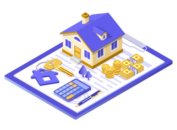 Sale Purchase Rent Mortgage House Isometric Sale purchase rent mortgage house isometric concept for poster, landing, advertising with home on clipboard, money, key and calculator. isolated vector illustration calculator illustrations stock illustrations