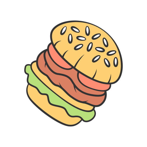 ilustraciones, imágenes clip art, dibujos animados e iconos de stock de icono de color de la hamburguesa. cafetería de comida rápida, restaurante, menú de snack bar. hamburguesa, hamburguesa con queso, hamburguesa vegana. comida rápida. sandwich, patty y bollo de sésamo. ilustración vectorial aislada - food elegance cutlet restaurant