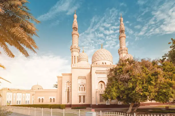 Jumeirah mosque architecture in Dubai, UAE. It is also an educational center for cultural understanding. Muslim religion concept